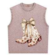 Cowgirl Chinoiserie Floral Boot Vintage Washed Tank Top in Brown