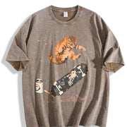 Skateboarding Cat Cats Skate Vintage Washed T-Shirt in Brown