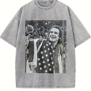 USA Olympic Gold Medal Hockey Jack Hughes Vintage Washed T-Shirt in Gray