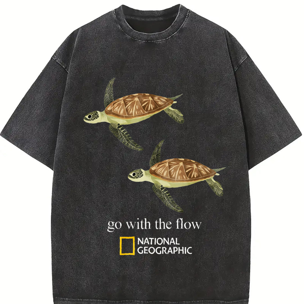 Go with the Flow Sea Turtle Ocean Nature Lover Boxy DTG Vintage Washed T-Shirt in Black