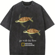 Go with the Flow Sea Turtle Ocean Nature Lover Boxy DTG Vintage Washed T-Shirt in Black