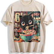 Urban Explorer and Grunge Vibe: Neko Ramen Cat Eating Vintage Washed T-Shirt in Beige