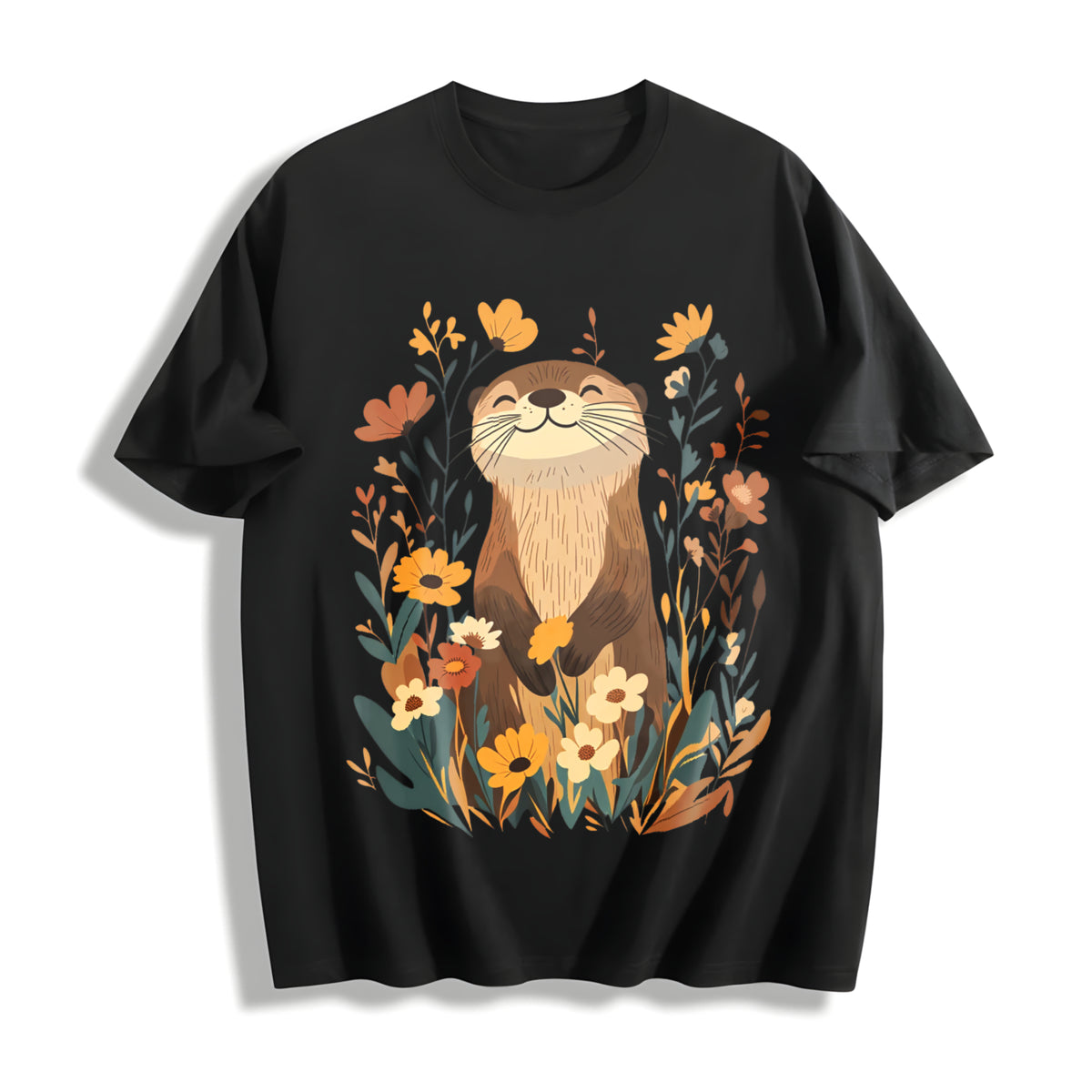 Botanical Otter & Plants Cotton T-Shirt in Black