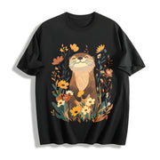 Botanical Otter & Plants Cotton T-Shirt in Black
