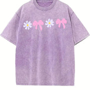 Daisy Bow Embroidered Vintage Washed T-Shirt in Purple