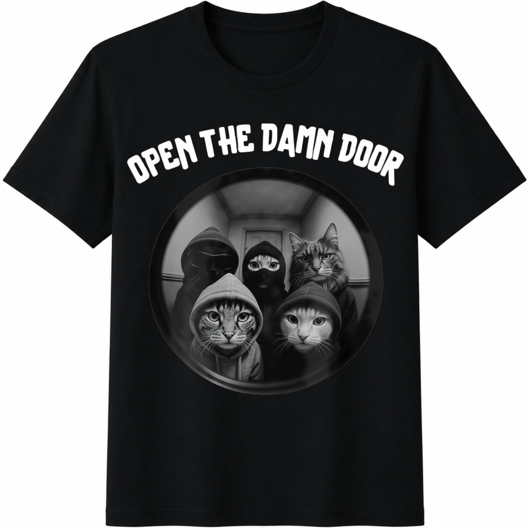 Open the Door Cats Meme Cotton T-Shirt in Black