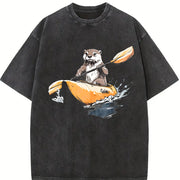 Otter Kayaking Vintage Washed T-Shirt in Black