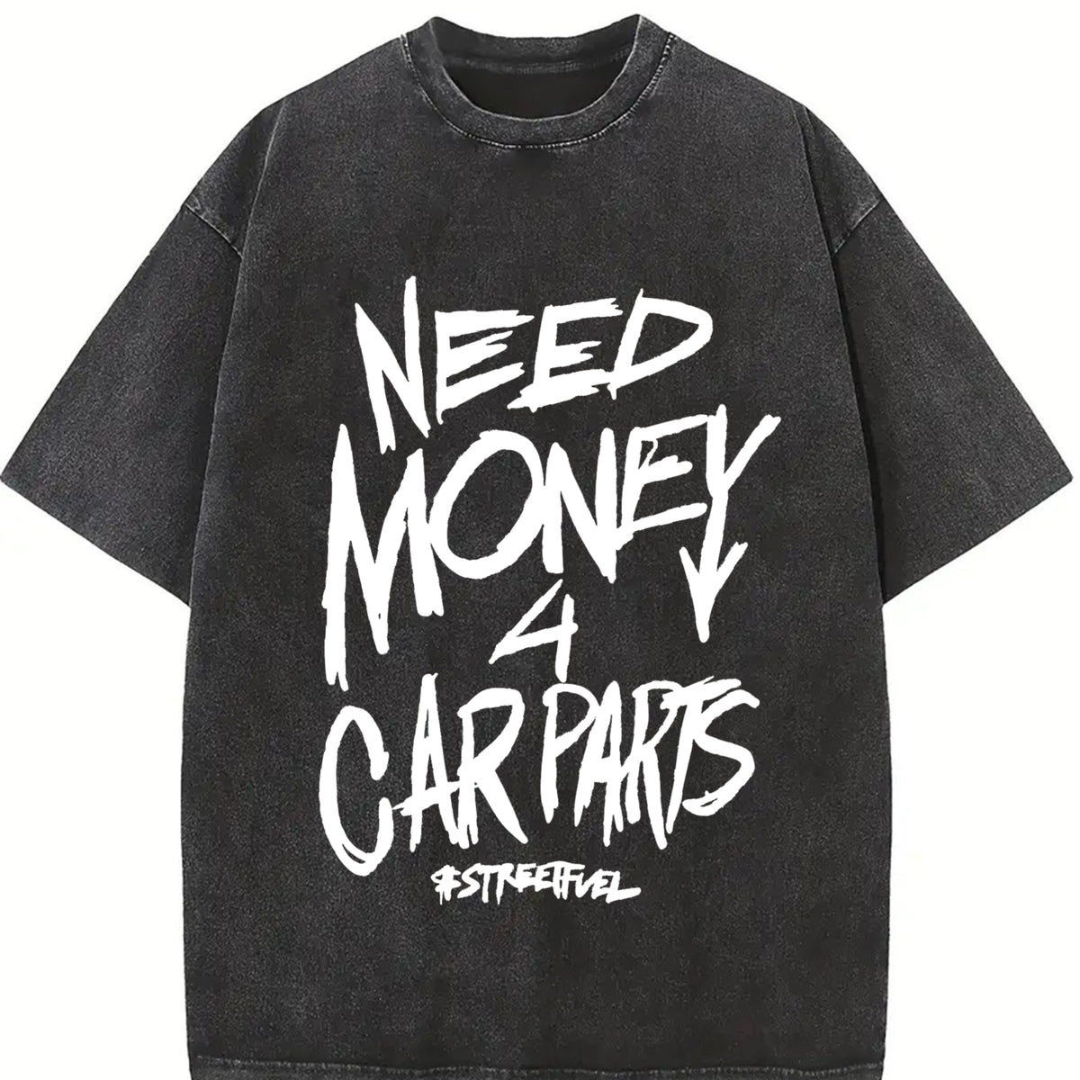 1pc 230GSM - Double-Sided Front & Back NEED MONEY for CARS vintage washed oversized T-shirt in Black