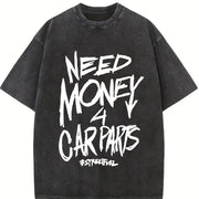 1pc 230GSM - Double-Sided Front & Back NEED MONEY for CARS vintage washed oversized T-shirt in Black