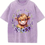 Baby Highland Cow With Purple Flowers Scottish Farm vintage washed oversized T-shirt in Purple