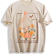 Y2K a Skeleton Hand Grasping a Heart and Flowers Vintage Washed T-Shirt in Beige