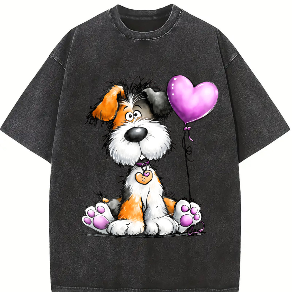 Cute Pet Animal Series Vintage Washed T-Shirt in Black