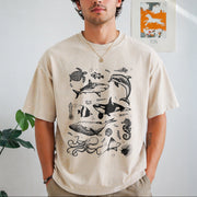 Sea Animal Tattoo Vintage Washed T-Shirt in Beige