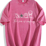 Nautical Ocean Call & Starfish Beach Vintage Washed T-Shirt in Red