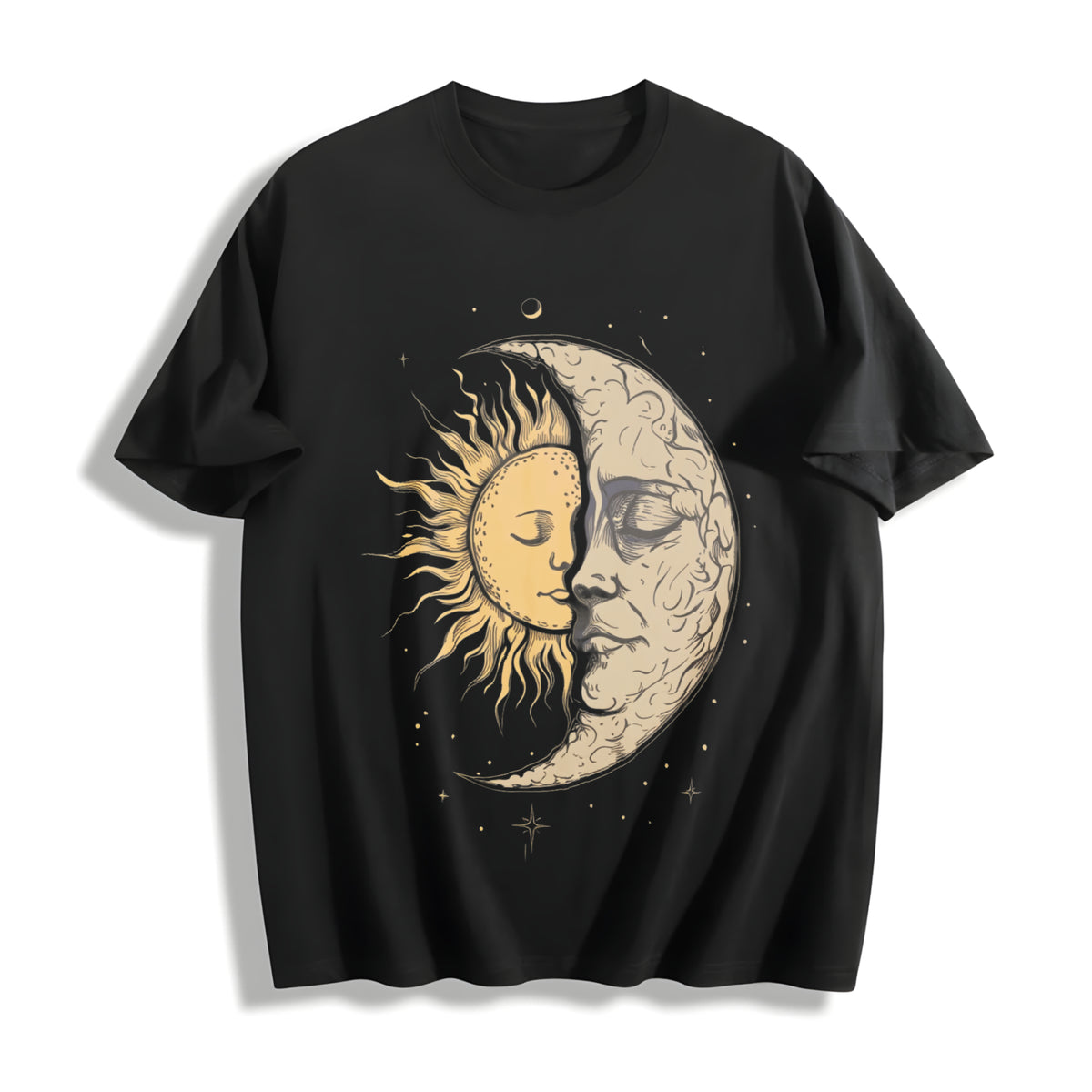 Mystical Sun and Moon Face Yin Yang Hippie Chic Hippy Cotton T-Shirt in Black