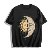 Mystical Sun and Moon Face Yin Yang Hippie Chic Hippy Cotton T-Shirt in Black
