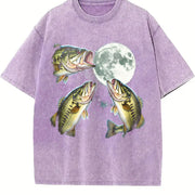 Bass Fish Howling at Moon 90s Vintage Washed T-Shirt in Purple