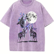 Three Wolf Retro Wolves Howling Moon Vintage Washed T-Shirt in Purple