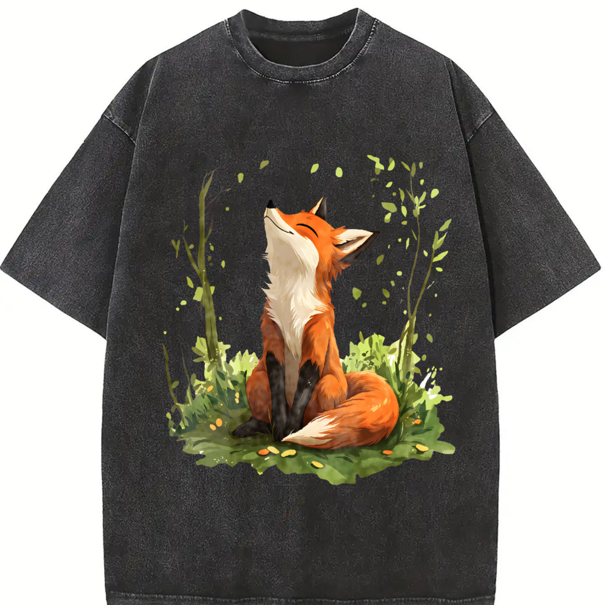 Autumn a Spring Floral and Fox Round-neck Short-sleeve Vintage Washed T-Shirt in Black