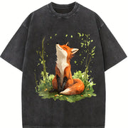 Autumn a Spring Floral and Fox Round-neck Short-sleeve Vintage Washed T-Shirt in Black