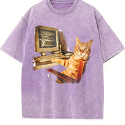 Office Cat Working at Computer Meme DTG Vintage Washed T-Shirt in Purple