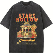 Retro Stars Hollow Vintage Washed T-Shirt in Black