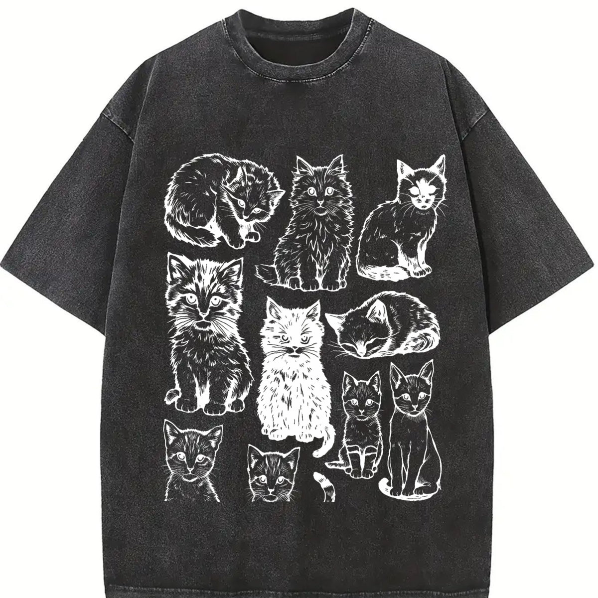 Cats 90s Tattoo Style Retro Y2k Kitten Cat Lovers vintage washed oversized T-shirt in Black