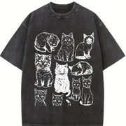 Cats 90s Tattoo Style Retro Y2k Kitten Cat Lovers vintage washed oversized T-shirt in Black