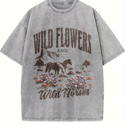 Wild Horses & Wildflowers Vintage Washed T-Shirt in Gray
