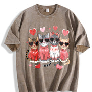 Valentine's Day: Winter a Cat with Heart-shaped Glasses Vintage Washed T-Shirt in Brown