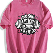 And She Lifted Heavily Ever After Barbell Motivation Vintage Washed T-Shirt in Red