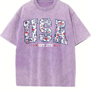 Floral USA America Vintage Washed T-Shirt in Purple