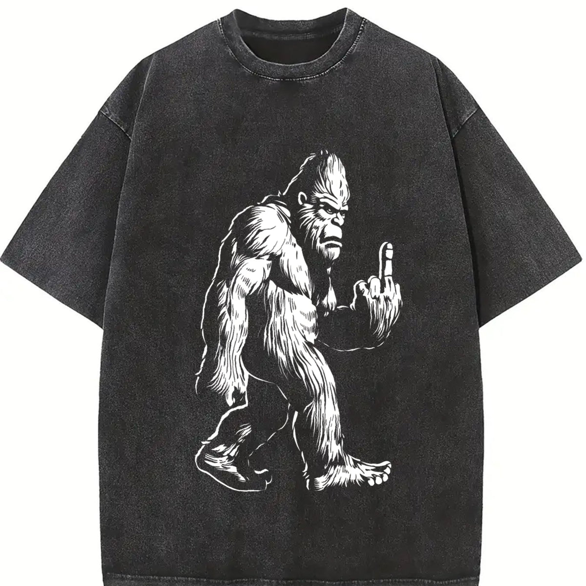 Retro Bigfoot Middle Finger 90s Vintage Washed T-Shirt in Black