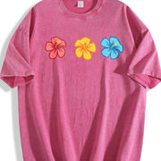 Embroidered Hibiscus Vintage Washed T-Shirt in Red