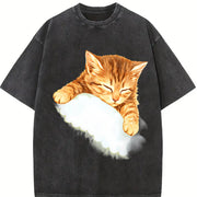 Sleeping Kitten Cat Lover Vintage Washed T-Shirt in Black