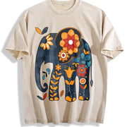 Bohemian Elephant with Vibrant Elephant & Floral Vintage Washed T-Shirt in Beige