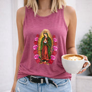 Virgin Mary with Roses Crew-neck Sleeveless Vest Outdoor Women's Color Cotton Tank Top in Red