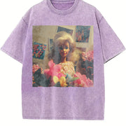 Glam Doll with Flowers Vintage Washed T-Shirt in Purple