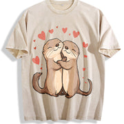 Otter Love Cute Hugging Otters Vintage Washed T-Shirt in Beige