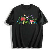 Mushroom Floral Garden Fairy Embroidered Cotton T-Shirt in Black