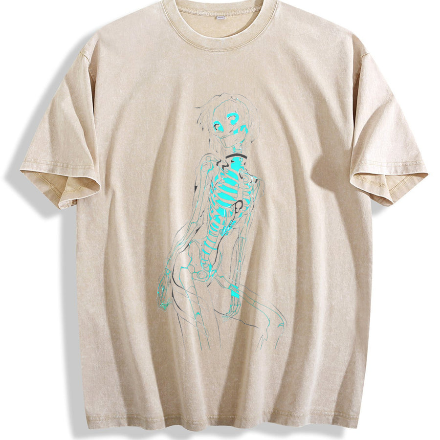 Neon Evangelion Anime Manga vintage washed oversized T-shirt in Beige