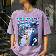 Playful Humor Cat Meme Vintage Washed T-Shirt in Purple