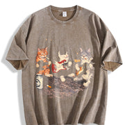 Rock Band Cats Retro Guitar Cat Vintage Washed T-Shirt in Brown