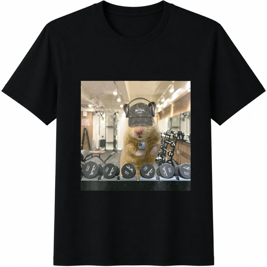 Gym Hamster Selfie Cotton T-Shirt in Black