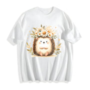Hedgehog & Daisy Blouse with Cute Hedgehog & Floral Cotton T-Shirt in White