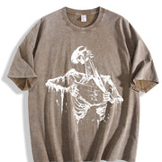 Skeleton Ripping Rip Cage 90s Vintage Washed T-Shirt in Brown