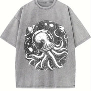Retro Octopus in Space 90s Vintage Washed T-Shirt in Gray