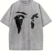 Abstract Black and White Faces Vintage Washed T-Shirt in Gray