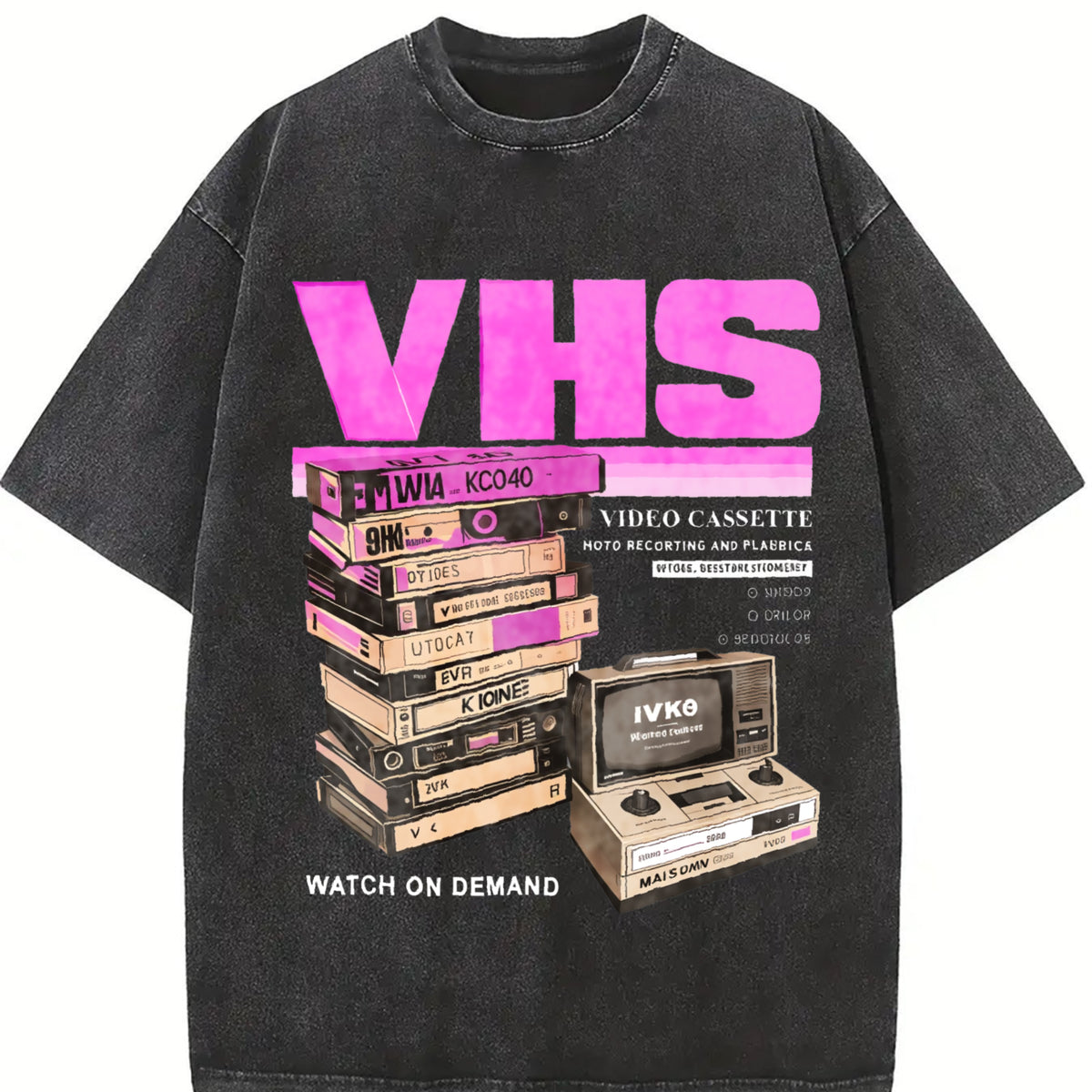 Faded a Fun Retro VHS Tape Vintage Washed T-Shirt in Black