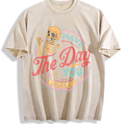 Skeleton Peace Sign Have the Day You Deserve Boxy Vintage Washed T-Shirt in Beige